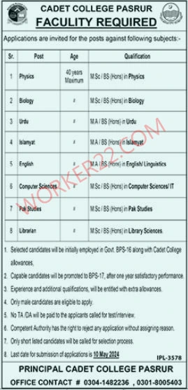 Cadet College Pasrur Jobs Availabale in April 2024
